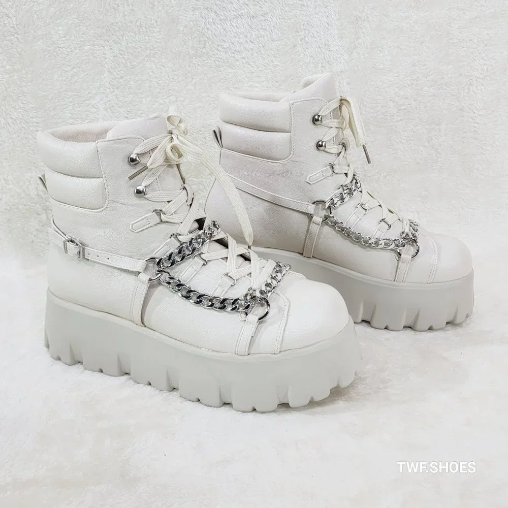 Emo Stomp 2" Platform Stomper Ankle Boots With Chain Design Off White